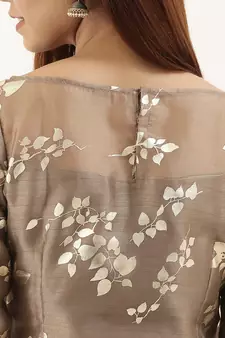 EthnoVogue Made To Measure Beige Sheer Neck Organza Kurti