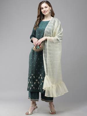 Indo Era Teal Foil Floral Printed Straight Kurta Pant with Dupatta Set 1