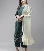 Indo Era Teal Foil Floral Printed Straight Kurta Pant with Dupatta Set