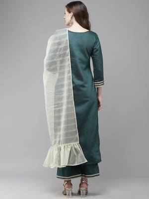 Indo Era Teal Foil Floral Printed Straight Kurta Pant with Dupatta Set 2