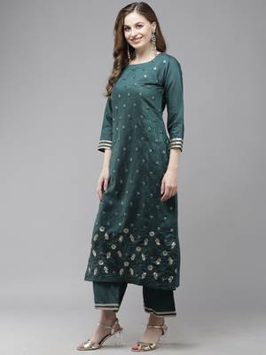 Indo Era Teal Foil Floral Printed Straight Kurta Pant with Dupatta Set 3