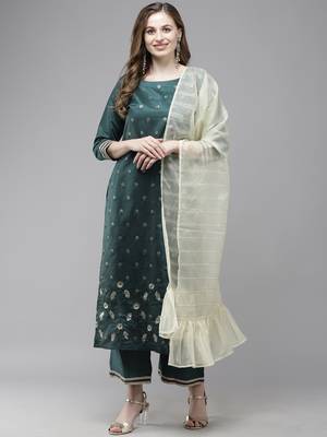 Indo Era Teal Foil Floral Printed Straight Kurta Pant with Dupatta Set 4