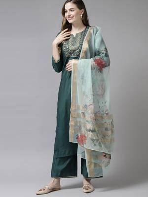 Indo Era Teal Embroidered Straight Kurta Trouser With Dupatta Set 1