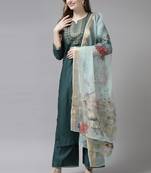 Indo Era Teal Embroidered Straight Kurta Trouser With Dupatta Set