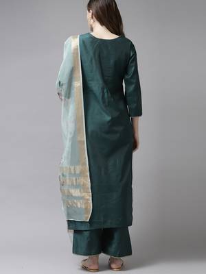 Indo Era Teal Embroidered Straight Kurta Trouser With Dupatta Set 2