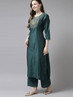 Indo Era Teal Embroidered Straight Kurta Trouser With Dupatta Set 3