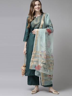 Indo Era Teal Embroidered Straight Kurta Trouser With Dupatta Set 4