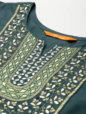 Indo Era Teal Embroidered Straight Kurta Trouser With Dupatta Set 5