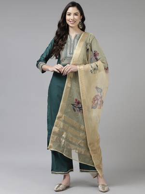 Indo Era Teal Embroidered Straight Kurta Trouser With Dupatta Set 1