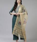 Indo Era Teal Embroidered Straight Kurta Trouser With Dupatta Set