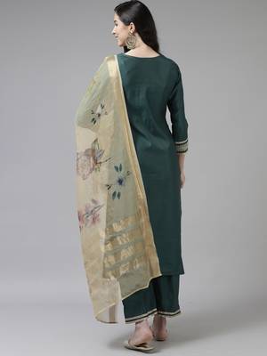 Indo Era Teal Embroidered Straight Kurta Trouser With Dupatta Set 2