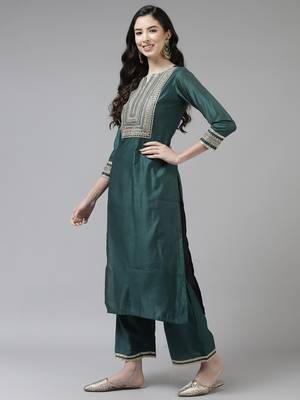 Indo Era Teal Embroidered Straight Kurta Trouser With Dupatta Set 3