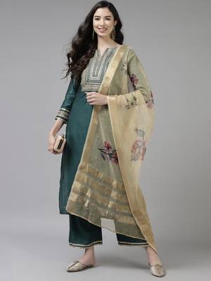 Indo Era Teal Embroidered Straight Kurta Trouser With Dupatta Set 4