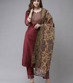 Indo Era Wine Embroidered Straight Kurta Palazzo with Dupatta Set