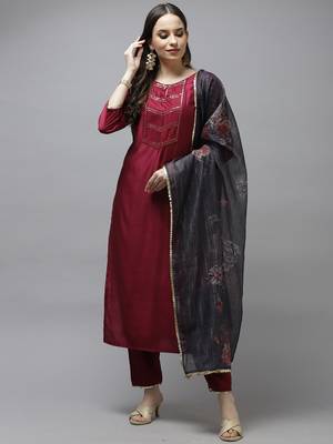 Indo Era Wine Solid Straight Kurta Trouser With Dupatta Set 1