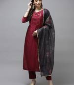 Indo Era Wine Solid Straight Kurta Trouser With Dupatta Set