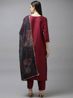 Indo Era Wine Solid Straight Kurta Trouser With Dupatta Set 2