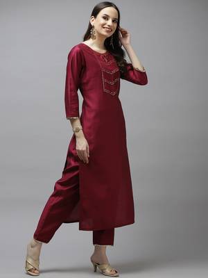 Indo Era Wine Solid Straight Kurta Trouser With Dupatta Set 3