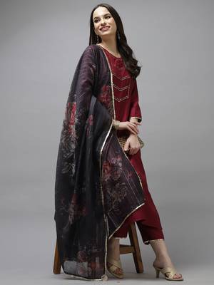 Indo Era Wine Solid Straight Kurta Trouser With Dupatta Set 4