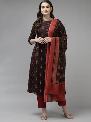 Indo Era Black Printed A-line Kurta Trouser With Dupatta Set 1