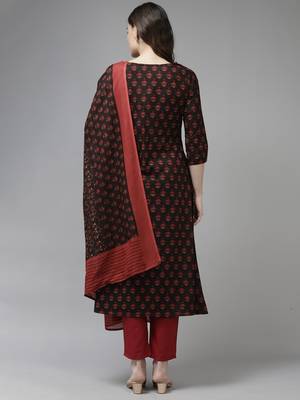 Indo Era Black Printed A-line Kurta Trouser With Dupatta Set 2