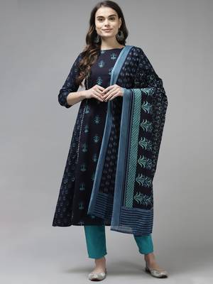 Indo Era Navy Blue Printed A-line Kurta Trouser With Dupatta Set 1