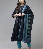 Indo Era Navy Blue Printed A-line Kurta Trouser With Dupatta Set