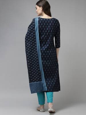 Indo Era Navy Blue Printed A-line Kurta Trouser With Dupatta Set 2