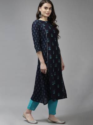 Indo Era Navy Blue Printed A-line Kurta Trouser With Dupatta Set 3