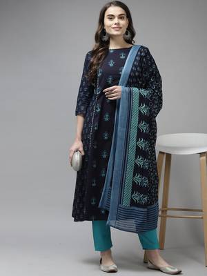 Indo Era Navy Blue Printed A-line Kurta Trouser With Dupatta Set 4