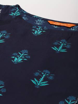 Indo Era Navy Blue Printed A-line Kurta Trouser With Dupatta Set 5