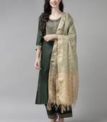 Indo Era Solid Green Straight Kurta Palazzo With Dupatta Set