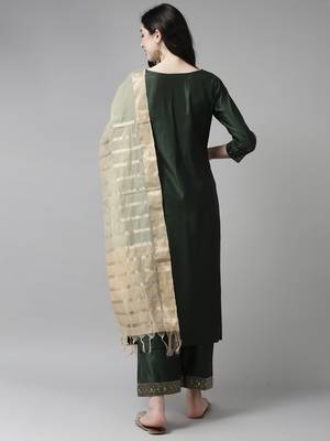Indo Era Solid Green Straight Kurta Palazzo With Dupatta Set 2