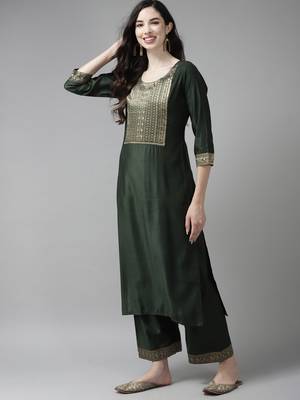 Indo Era Solid Green Straight Kurta Palazzo With Dupatta Set 3