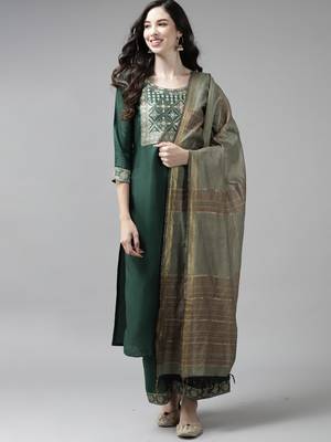 Indo Era Solid Green Straight Kurta Palazzo With Dupatta Set 1