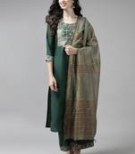 Indo Era Solid Green Straight Kurta Palazzo With Dupatta Set