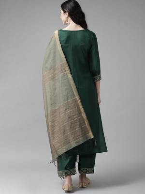 Indo Era Solid Green Straight Kurta Palazzo With Dupatta Set 2