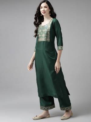 Indo Era Solid Green Straight Kurta Palazzo With Dupatta Set 3