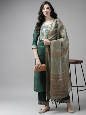 Indo Era Solid Green Straight Kurta Palazzo With Dupatta Set 4