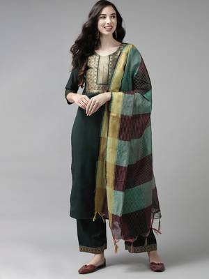 Indo Era Solid Green Straight Kurta Palazzo With Dupatta Set 1