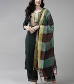 Indo Era Solid Green Straight Kurta Palazzo With Dupatta Set