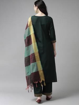 Indo Era Solid Green Straight Kurta Palazzo With Dupatta Set 2