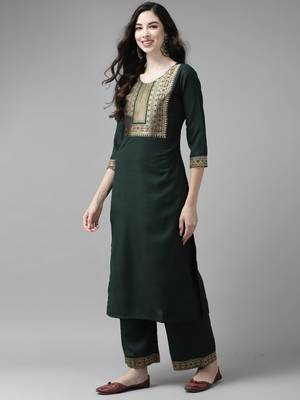 Indo Era Solid Green Straight Kurta Palazzo With Dupatta Set 3