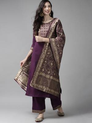 Indo Era Solid Wine Straight Kurta Palazzo With Dupatta Set 1