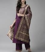 Indo Era Solid Wine Straight Kurta Palazzo With Dupatta Set
