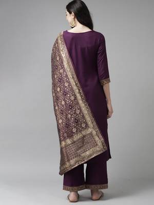 Indo Era Solid Wine Straight Kurta Palazzo With Dupatta Set 2
