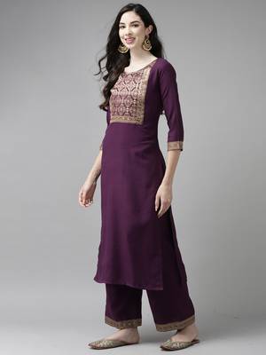 Indo Era Solid Wine Straight Kurta Palazzo With Dupatta Set 3
