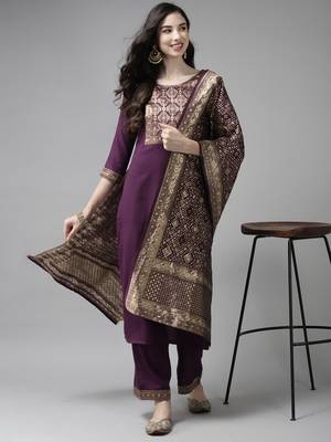 Indo Era Solid Wine Straight Kurta Palazzo With Dupatta Set 4