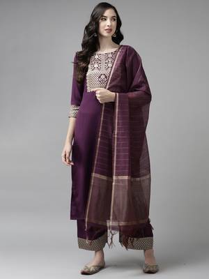 Indo Era Solid Wine Straight Kurta Palazzo With Dupatta Set 1