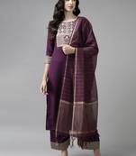 Indo Era Solid Wine Straight Kurta Palazzo With Dupatta Set
